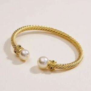 Gold Twisted Crystal Rhinestone & Pearl Cable Cuff Bangle Bracelet Womens New